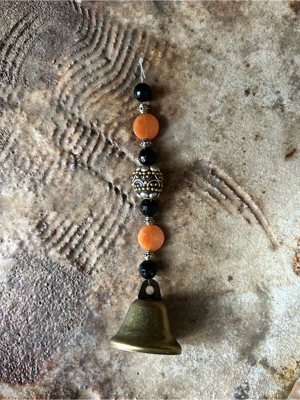 Decorative Hanging Bell with Orange and Black Beaded Accent